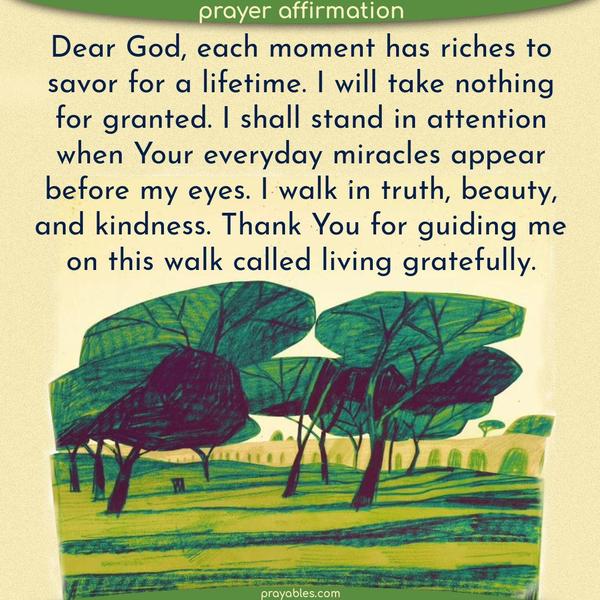 Dear God, each moment has riches to savor for a lifetime. I will take nothing for granted. I shall stand in attention when Your everyday miracles appear before my eyes. I walk in truth, beauty, and kindness. Thank You for guiding me on this walk called living gratefully.