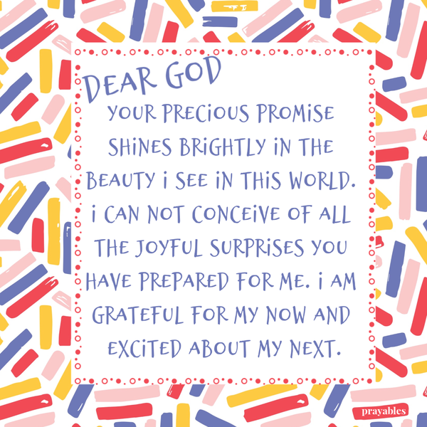 Dear God, Your precious promise shines brightly in the beauty I see in this world. I can not conceive of all the joyful surprises
You have prepared for me. I am grateful for my now and excited about my next.