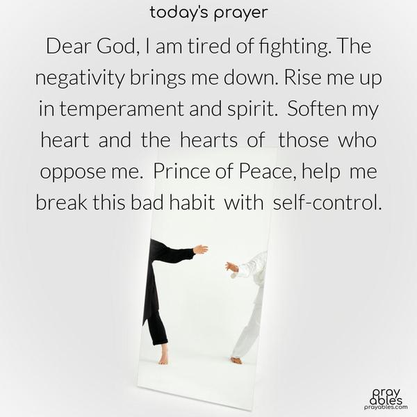 Dear God, I am tired of fighting. The negativity brings me down. Rise me up in temperament and spirit, O Lord. Soften my heart and the hearts of those who oppose me. Prince of Peace, help me break this bad habit with self-control.