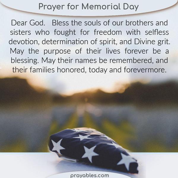 Dear God, bless the souls of our brothers and sisters who fought for freedom with selfless devotion, determination of spirit, and Divine grit. May the purpose of their lives
forever be a blessing. May their names be remembered, and their families honored, today and forevermore.