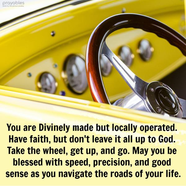 You are Divinely made but locally operated. Have faith, but don't leave it all up to God. Take the wheel, get up, and go. May you be blessed with speed,
precision, and good sense as you navigate the roads of your life.