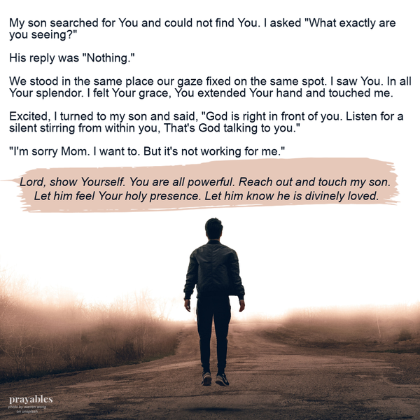 My son searched for You and could not find You. I asked “What exactly are you seeing?” His reply was “Nothing.”  We stood in the same place our gaze fixed on the same spot. I saw You. In all Your splendor. I felt Your grace, You extended Your hand and
touched me. Excited, I turned to my son and said, “God is right in front of you. Listen for a silent stirring from within you, That’s God talking to you.” “I’m sorry Mom. I want to. But it’s not working for me.” Lord, show Yourself. You are all powerful. Reach out and touch my son. Let him feel Your holy presence. Let him know he is divinely loved.