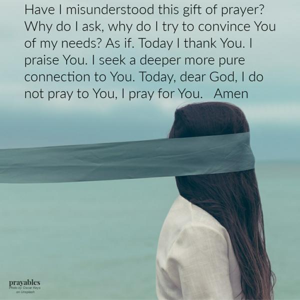 Have I misunderstood this gift of prayer? Why do I ask, why do I try to convince You of my needs? As if. Today I thank You. I praise You. I seek a deeper more pure connection. Today, dear God, I do not pray to You, I pray for You. Amen