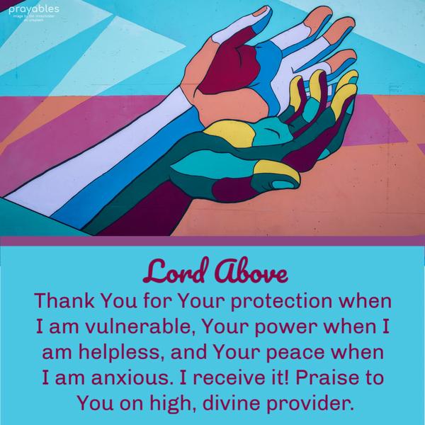 Lord Above Thank You for Your protection when I am vulnerable, Your power when I am helpless, and Your peace when  I am anxious. I receive
it! Praise to You on high, divine provider.