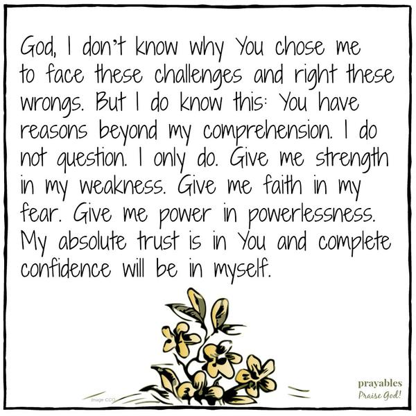 God, I don’t know why You chose me to face these challenges and right these wrongs. But I do know this: You have reasons beyond my comprehension. I do not question. I only do. Give me strength in my weakness. Give me faith in my fear.
Give me power in powerlessness. My absolute trust is in You and complete confidence will be in myself.