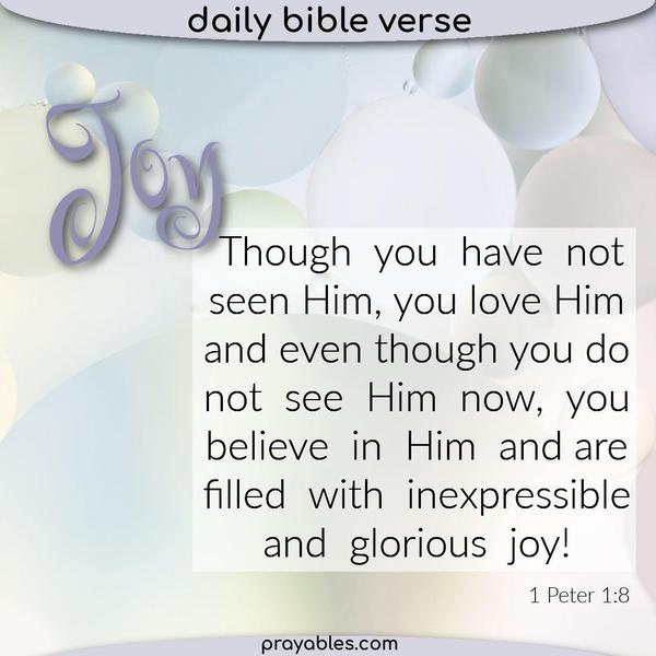 1 Peter 1:8 Though you have not seen Him, you love Him; and even though you do not see Him now, you believe in Him and are filled with inexpressible and glorious joy.