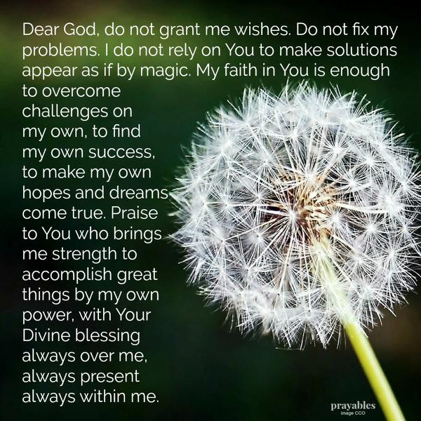 Dear God, do not grant me wishes. Do not fix my problems. I do not rely on You to make solutions appear as if by magic. My faith in You is enough to overcome challenges on my own, to find my own success, to make my own hopes and
dreams come true. Praise to You who brings me strength to accomplish great things by my own power, with Your Divine blessing always over me, always present always within me.