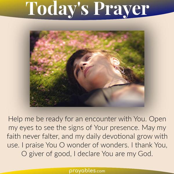 Help me be ready for an encounter with You. Open my eyes to see the signs of Your presence. May my faith never falter, and my daily devotional
grow with use. I praise You O wonder of wonders. I thank You, O giver of good, I declare You are my God.