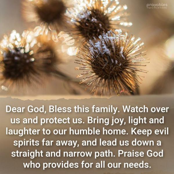 Dear God, Bless this family. Watch over us and protect us. Bring joy, light, and laughter to our humble home. Keep evil spirits far away, and lead us down a straight and narrow path.
Praise God who provides for all our needs.