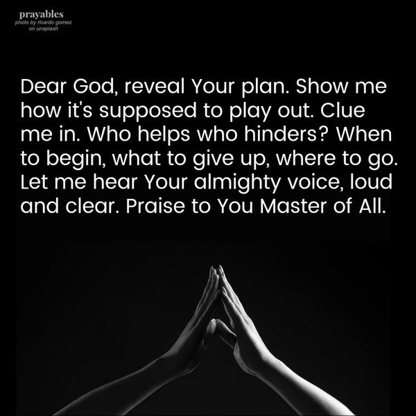 Dear God, reveal Your plan. Show me how it’s supposed to play out. Clue me in. Who helps who hinders? When to begin, what to give up, where to go. Let me hear Your almighty voice, loud and clear. Praise to You Master of All.