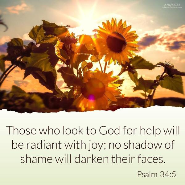 Psalm 34:5 Those who look to God for help will be radiant with joy; no shadow of shame will darken their faces.