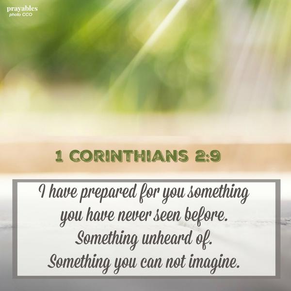 1 Corinthians 2:9 I have prepared for you something  you have never seen before.  Something unheard of.  Something you can not imagine.