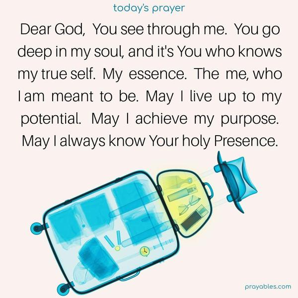 Dear God, You see through me. You go deep in my soul, and it's You who knows my true self. My essence. The me, who I am to be. May I live up to my potential. May I achieve my purpose. May I always know Your Presence.