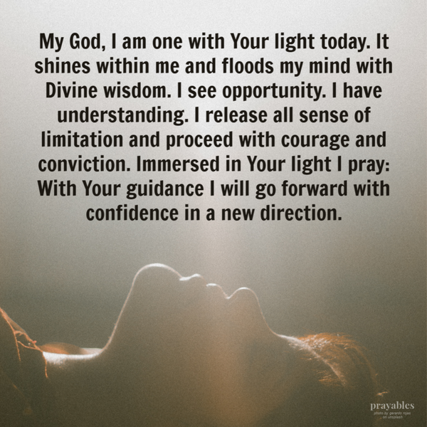 My God, I am one with Your light today. It shines within me and floods my mind with Divine wisdom. I see opportunity. I have understanding. I release all sense of limitation and proceed with courage and conviction. Immersed in Your light I
pray: With Your guidance I will go forward with confidence in a new direction.