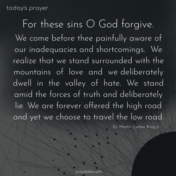 For these sins, O God, forgive. We come before thee painfully aware of our inadequacies and shortcomings. We realize that we stand surrounded with the mountains of love and we deliberately dwell in the valley of hate. We stand amid the forces of truth and deliberately lie. We are forever offered the high road and
yet we choose to travel the low road.   Dr. Martin Luther King Jr.