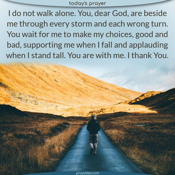 I do not walk alone. You, dear God, are beside me through every storm and each wrong turn. You wait for me to make my choices, good and bad, supporting me when I fall and applauding when I stand tall. You are with me. Thank You.