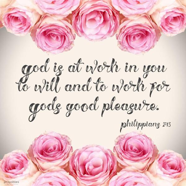 Philippians 2:13 God is at work in you to will and to work for God’s good pleasure.