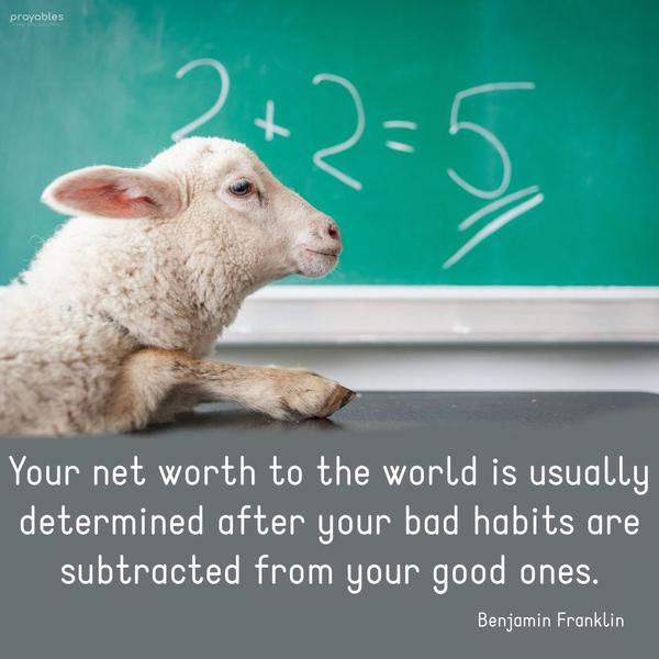 Your net worth to the world is usually determined after your bad habits are subtracted from your good ones. Benjamin Franklin