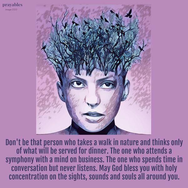 Don’t be that person who takes a walk in nature and thinks only of what will be served for dinner. The one who attends a symphony with a mind on business. The one who spends time in conversation but never listens. May God bless you
with holy concentration on the sights, sounds and souls all around you.