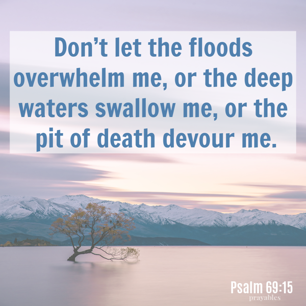 Psalm 69:15 Don’t let the floods overwhelm me, or the deep waters swallow me, or the pit of death devour me.