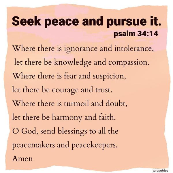 Psalm 34:14 Seek peace and pursue it. Where there is ignorance and intolerance, let there be knowledge and compassion. Where there is fear and suspicion
let there be courage and trust. Where there is turmoil, let harmony reign. O God, send blessings to all the peacemakers and peacekeepers. Amen