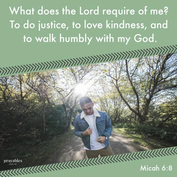 Micah 6:8 What does the Lord require of me? To do justice, to love kindness, and to walk humbly with my God.