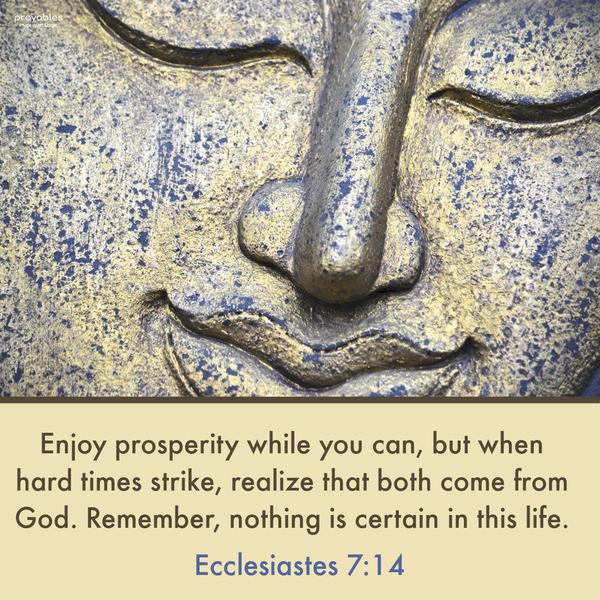 Ecclesiastes 7:14 Enjoy prosperity while you can, but when hard times strike, realize that both come from God. Remember, nothing is certain in this life.