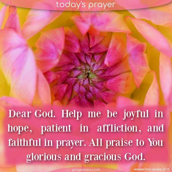 Dear God, Help me be joyful in hope, patient in affliction, and faithful in prayer. All praise to You, gracious and compassionate God.