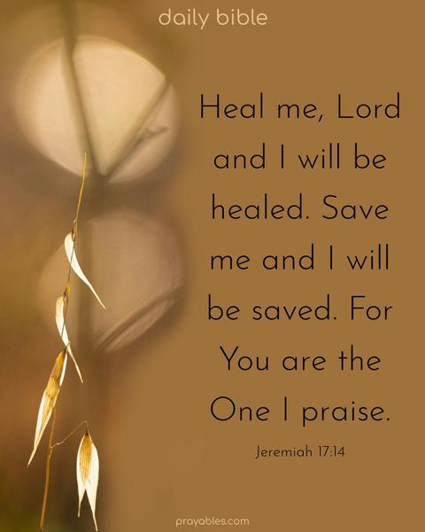  Heal me, Lord, and I will be healed. Save me, and I will be saved. For You are the One I praise. Jeremiah 17:14