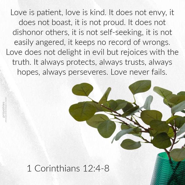 1 Corinthians 12:4-8 Love is patient, love is kind. It does not envy, it does not boast, it is not proud. It does not dishonor others, it is not self-seeking, it is not easily angered, it
keeps no record of wrongs. Love does not delight in evil but rejoices with the truth. It always protects, always trusts, always hopes, always perseveres. Love never fails.