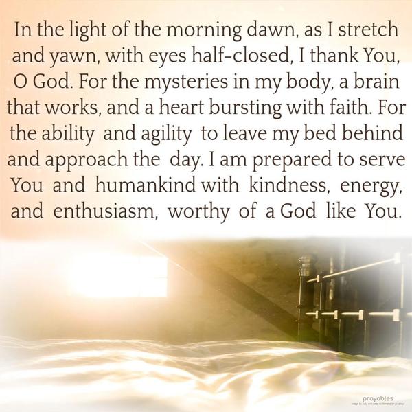 In the light of the morning dawn, as I stretch and yawn, with eyes half-closed, I thank You, O God. For the mysteries in my body, a brain that works, and a heart bursting with faith. For
the ability and agility to leave my bed behind and approach the day. I am prepared to serve You and humankind with kindness, energy, and enthusiasm, worthy of a God like You.