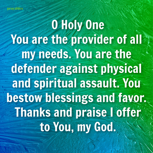 O Holy One, You are the provider for all my needs. You are the defender against physical and spiritual assault. You bestow blessing and favor. Thanks and praise I offer to You, my God.