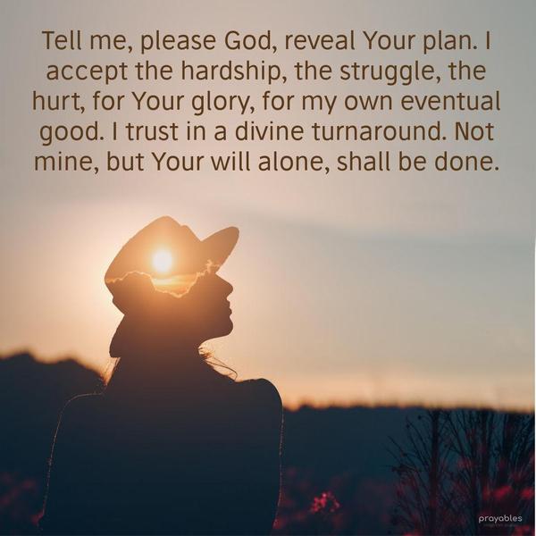 Tell me, please God, reveal Your plan. I accept the hardship, the struggle, the hurt, for Your glory, for my own eventual good. I trust in a divine
turnaround. Not mine, but Your will alone, shall be done.