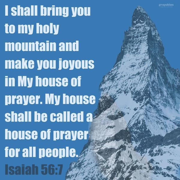 Isaiah 56:7 I shall bring you to my holy mountain and make you joyous in My house of prayer. My house shall be called a house of prayer for all people.