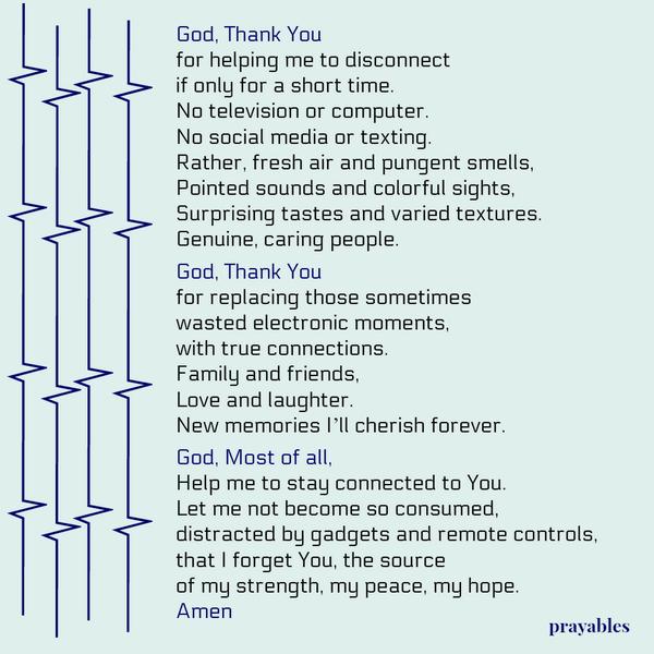 God, Thank You for helping me to disconnect if only for a short time. No television or computer. No social media or texting. Rather, fresh air and pungent smells, Pointed sounds and colorful sights, Surprising tastes and varied
textures. Genuine, caring people. God, Thank You for replacing those sometimes wasted electronic moments, with true connections. Family and friends, Love and laughter. New memories I’ll cherish forever. God, Most of all, Help me to stay connected to You. Let me not become so consumed, distracted by gadgets and remote controls, that I forget You, the source of my strength, my peace, my hope. Amen