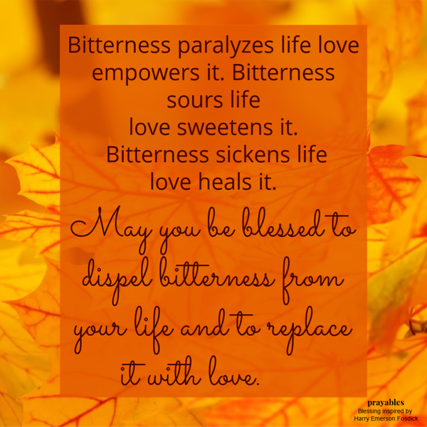 Bitterness paralyzes life love empowers it. Bitterness sours life love sweetens it. Bitterness sickens life love heals it. May you be blessed to dispel bitterness from your life and to replace it with love. -Harry Emerson Fosdick
(inspired)