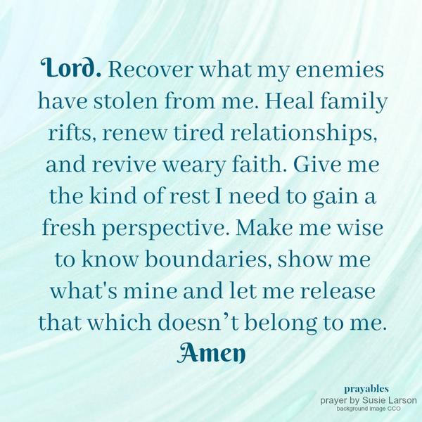 Lord. Recover what my enemies have stolen from me. Heal family rifts, renew tired relationships, and revive weary faith. Give me the kind of rest I need to gain a fresh perspective. Make me wise to know boundaries, show me what’s mine and
let me release that which doesn’t belong to me.  Amen