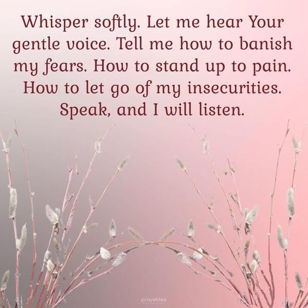 Whisper softly. Let me hear Your gentle voice. Tell me how to banish my fears. How to stand up to pain. How to let go of my insecurities. Speak, and I will
listen.