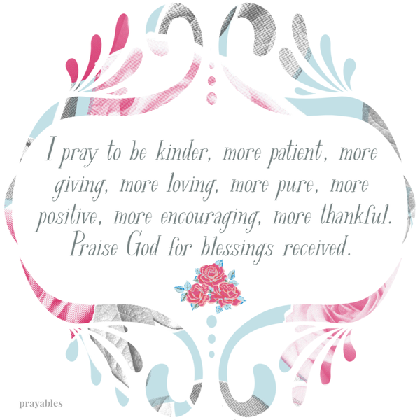 I pray to be kinder, more patient, more giving, more loving, more pure, more positive, more encouraging, more thankful. Praise God for blessings received.