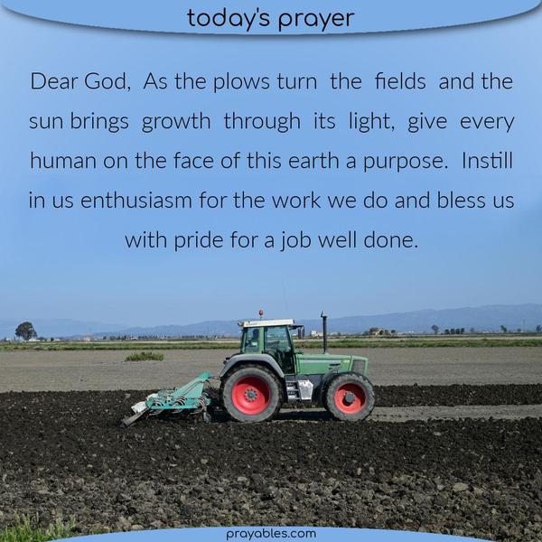 Dear God, As the plows turn the fields and the sun brings growth through its light, give every human on the face of this earth a purpose. Instill in us enthusiasm for the work we do and bless us with pride for a job well done.
