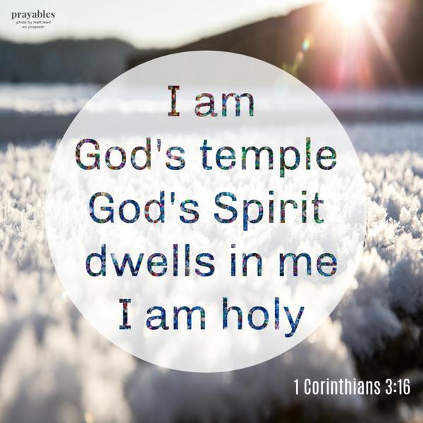 1 Corinthians 3:16 I am God’s temple and God’s Spirit dwells in me. I am holy.