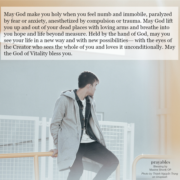 May God make you holy when you feel numb and immobile, paralyzed by fear or anxiety, anesthetized by compulsion or trauma. May God lift you up and out of your dead places with loving arms and breathe into you hope and life beyond
measure. Held by the hand of God, may you see your life in a new way and with new possibilities— with the eyes of the Creator who sees the whole of you and loves it unconditionally. May the God of Vitality bless you. Maxine Sonk OP