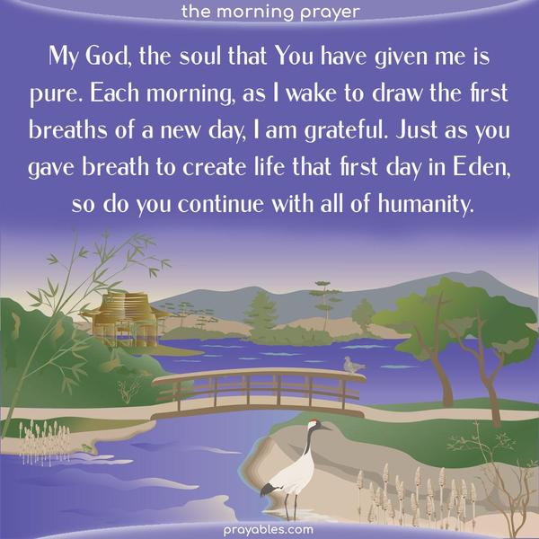 My God, the soul that You have given me is pure. Each morning, as I wake to draw the first breaths of a new day, I am grateful. Just as you gave breath to create life that first day in Eden, so do you continue with all of humanity.