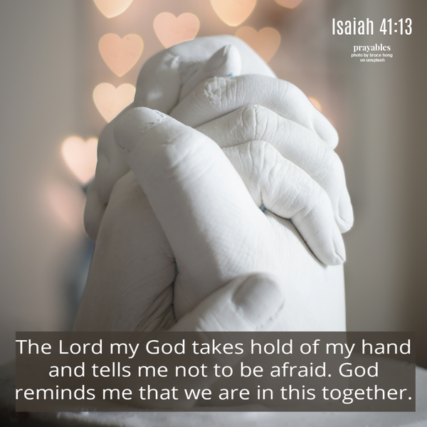 Isaiah 41:13 The Lord my God takes hold of my hand and tells me not to be afraid. God reminds me that we are in this together. 