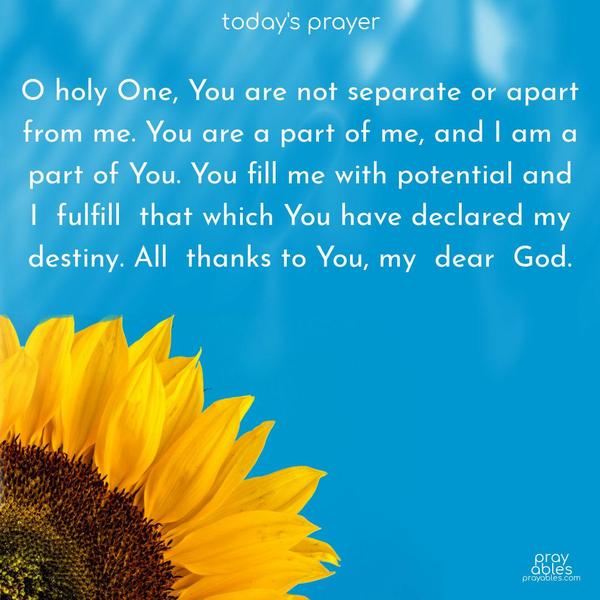 O holy One, You are not separate or apart from me. You are a part of me, and I am a part of You. You fill me with potential, and I fulfill that which You have declared my destiny. All thanks to You, my dear God.