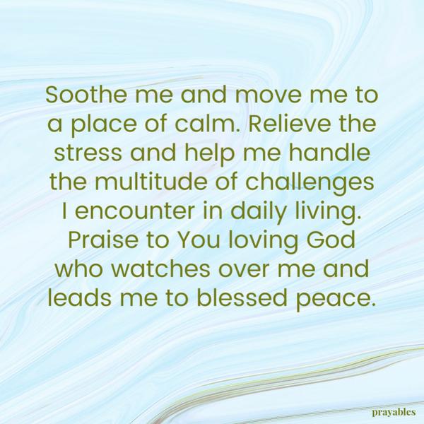 Soothe me and move me to a place of calm. Relieve the stress and help me handle the multitude of challenges I encounter in daily
living. Praise to You loving God who watches over me and leads me to blessed peace.