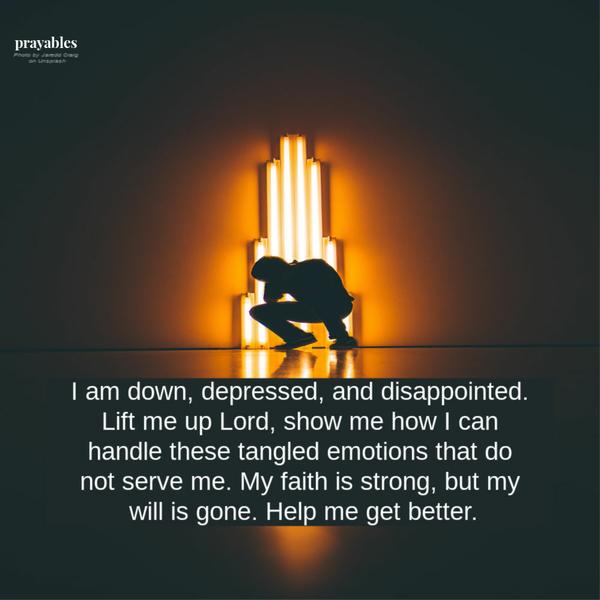 I am down, depressed, and disappointed. Lift me up Lord, show me how I can handle these tangled emotions that do not serve me. My faith is strong, but my will is gone. Help me get better.