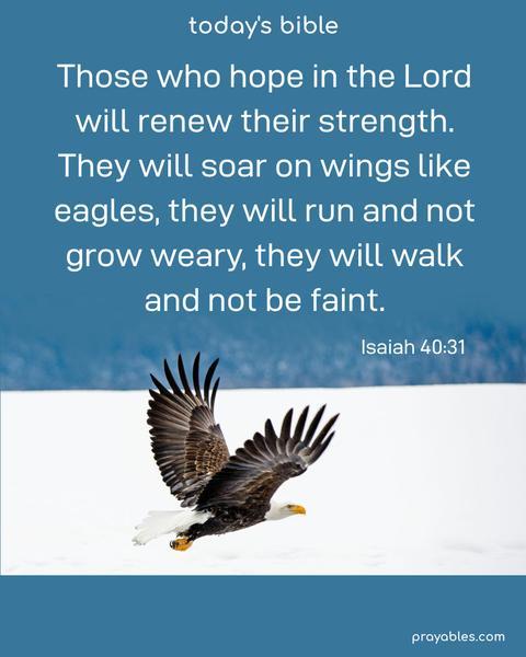 Those who hope in the Lord will renew their strength. They will soar on wings like eagles, they will run and not grow weary, they will walk and not be faint. Isaiah 40:31