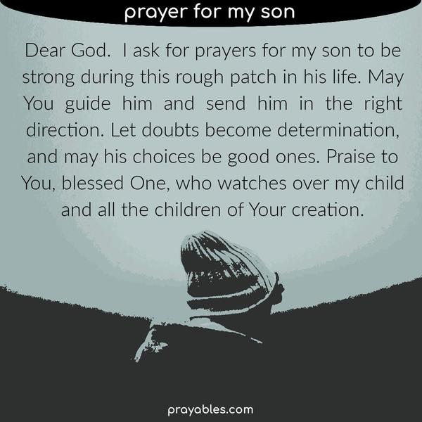 Dear God.  I ask for prayers for my son to be strong during this rough patch in his life. May You  guide  him  and  send  him  in  the  right
direction. Let doubts become determination, and may the choices he make be good ones. Praise to You, blessed One who watches over my child and all the children of Your creation.