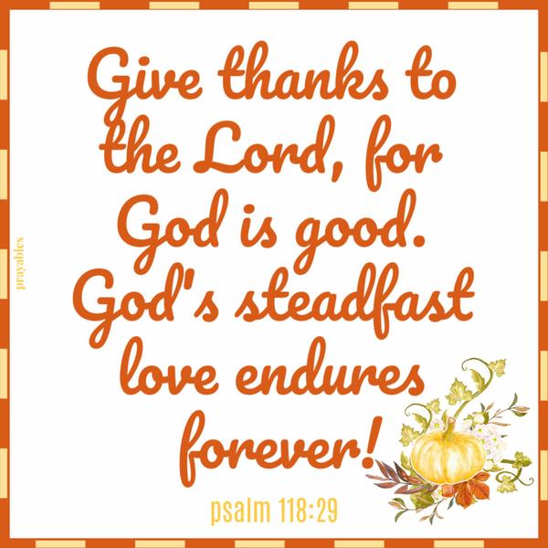 psalm 118:29 Give thanks to the Lord, for God is good. God's steadfast love endures forever.